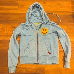 Aviator Nation Smiley Face Zip Up Hoodie. Ocean Blue. Xs